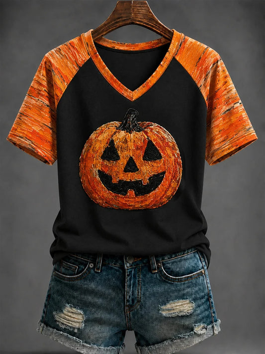 Halloween Pumpkin Graphic V-Neck Shirt Halloween Clothing Gifts For Girlfriend