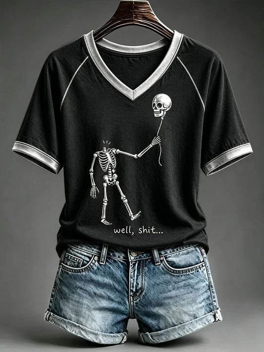 Halloween Skull Well Shit V-Neck Shirt Spooky Halloween Clothes Gifts For Sister