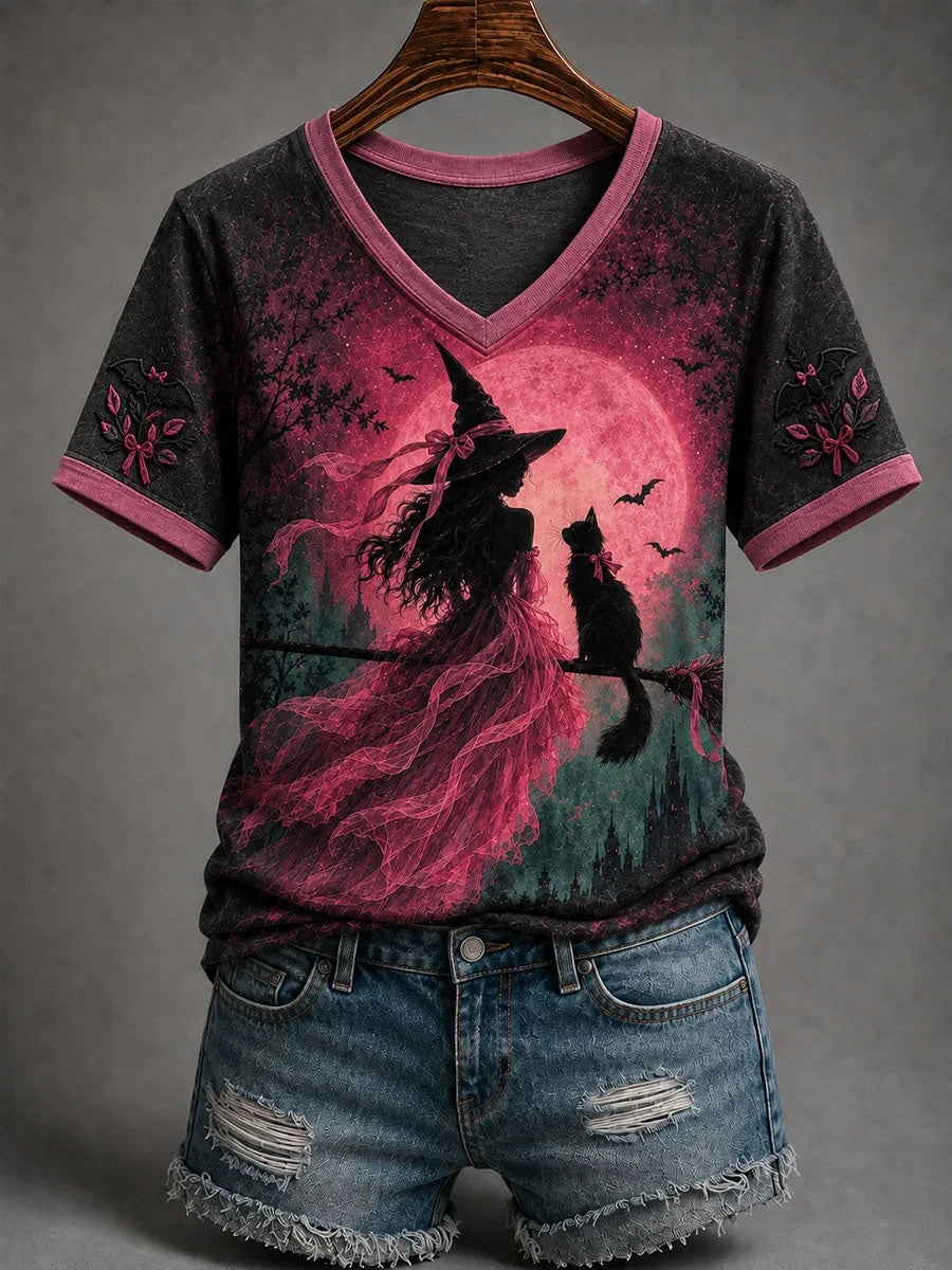Halloween Witch And Cat Graphic V-Neck Shirt Halloween Clothes Presents For Sister