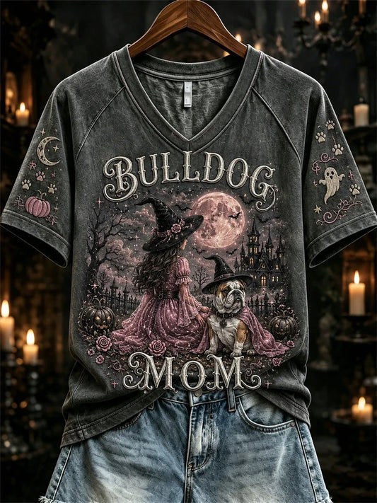 Halloween Witch Bulldog Mom V-Neck Shirt Halloween Clothing Presents For Dog Owners