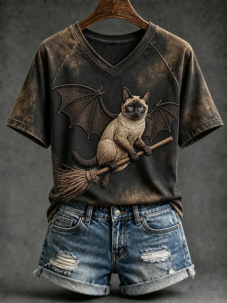 Halloween Witch Cat With Bat Wings V-Neck Shirt Gothic Halloween Clothes Gifts For Cat Lovers