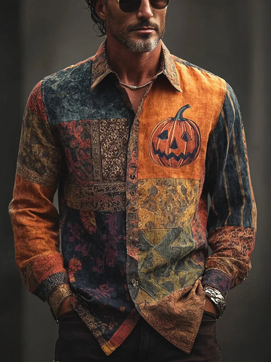 Halloween Pumpkin Pattern Retro Button Up Long Sleeve Shirt Halloween Apparel