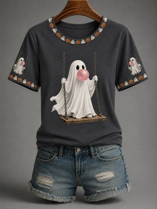 Fall Halloween Cute Bubble Gum Ghost On Swing Shirt Best Halloween Clothing Gifts For Her