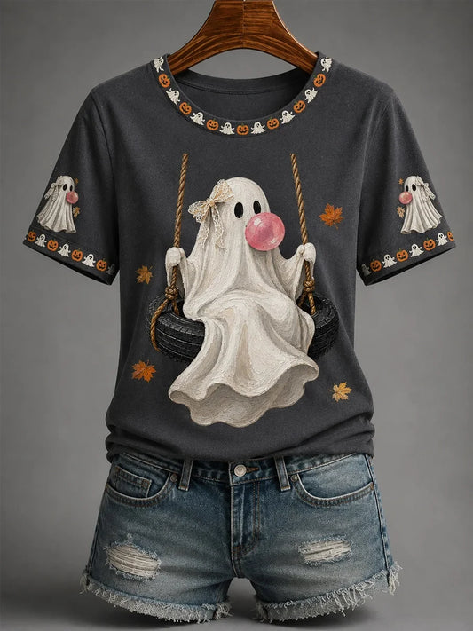 Fall Halloween Cute Bubble Gum Ghost On Swing Shirt Halloween Merch Gifts For Sister