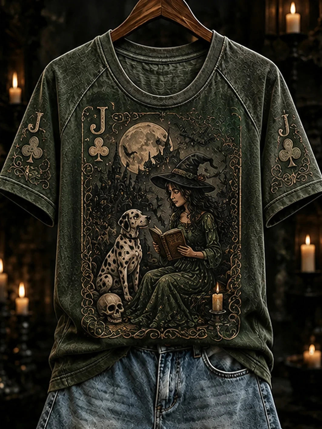 Halloween Poker Elements Witch And Dog Pattern T-Shirt Halloween Clothes Gifts For Dog Mom