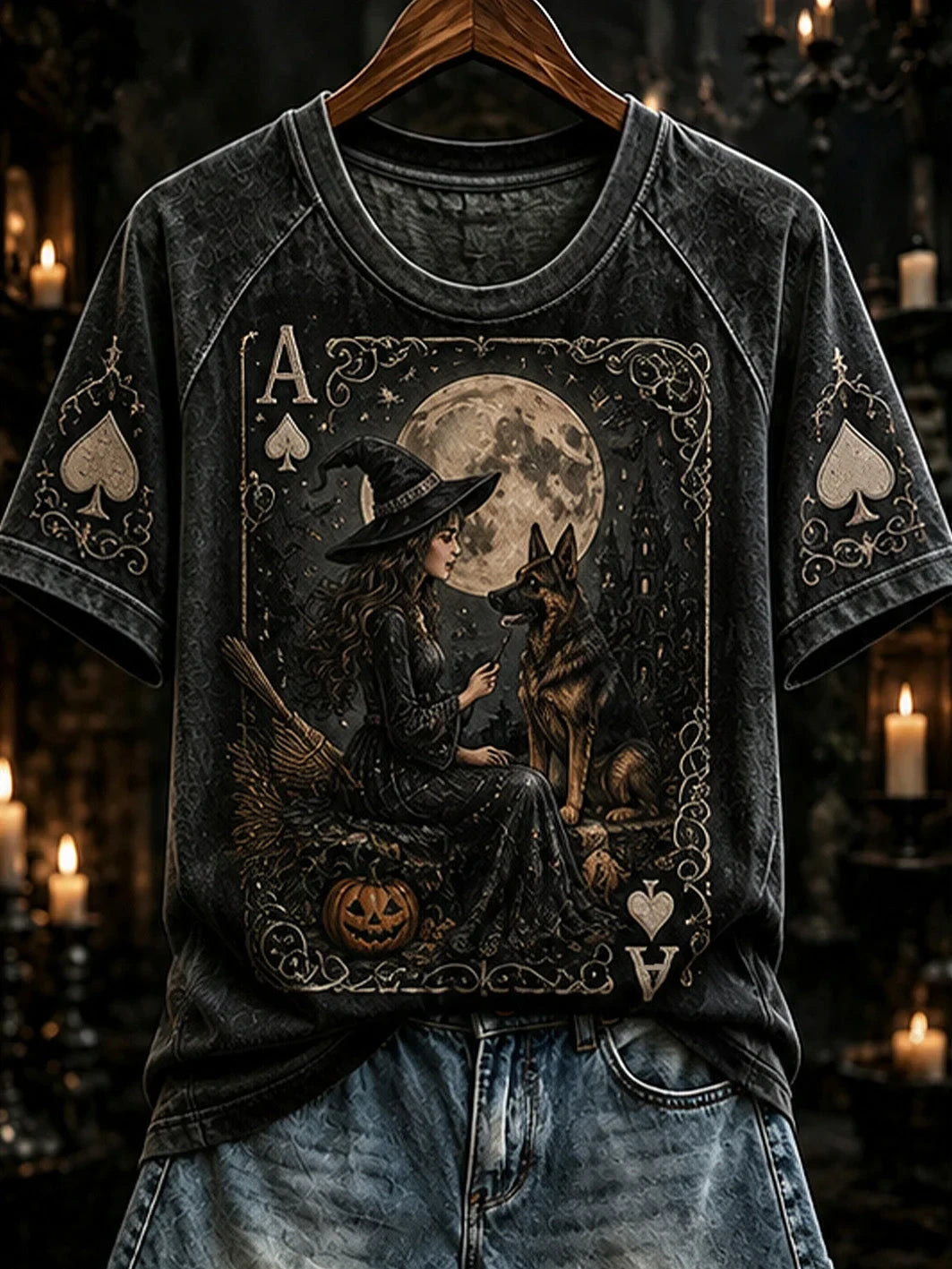 Halloween Poker Elements Witch And Dog Pattern T-Shirt Halloween Merch Gifts For Sister