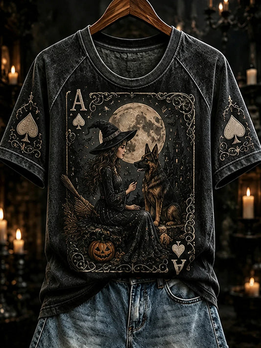 Halloween Poker Elements Witch And Dog Pattern T-Shirt Halloween Merch Gifts For Sister