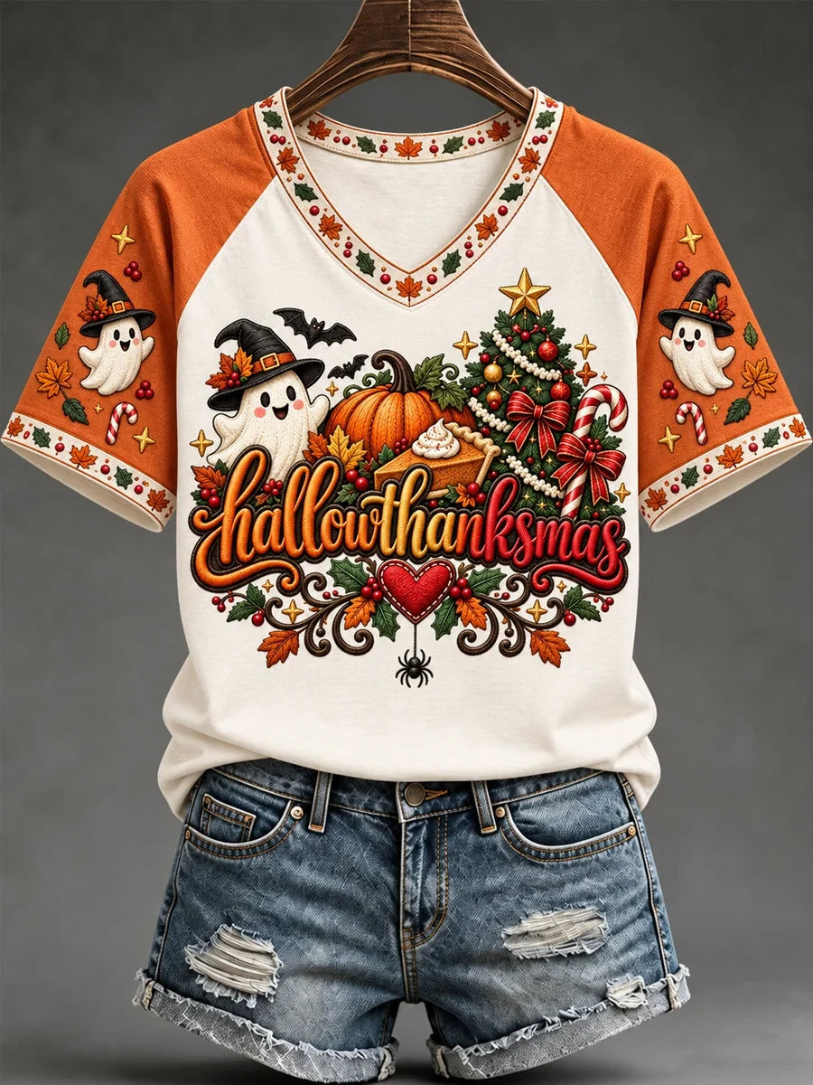 Happy Hallothanksmas Halloween Thanksgiving Christmas V-Neck Shirt Holiday Clothing Gifts For Him