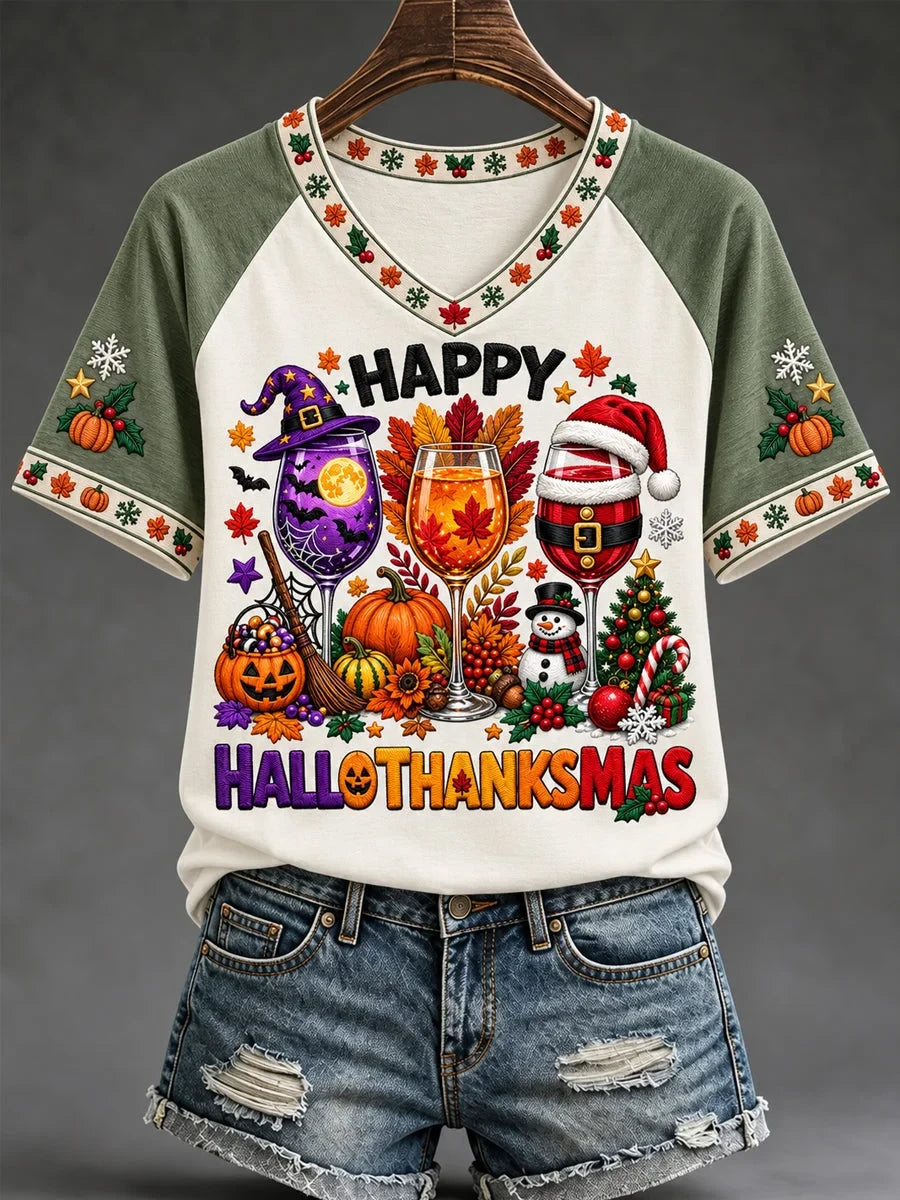 Happy Hallothanksmas Halloween Thanksgiving Christmas V-Neck Shirt Holiday Clothing Best Gifts For Wife