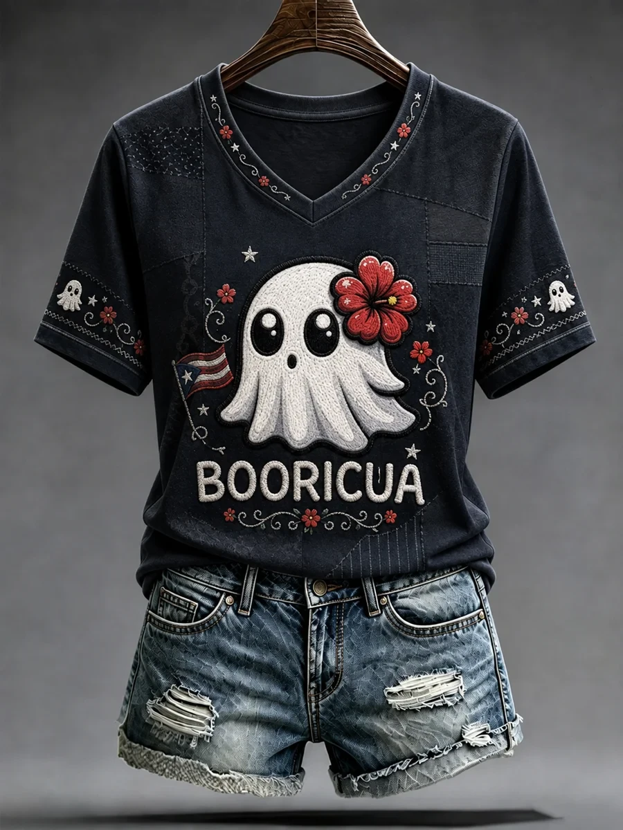 Puerto Rico Booricua Ghost Halloween V-Neck Shirt Hautned Season Clothes Gifts For Halloween