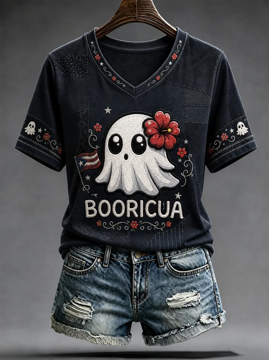 Puerto Rico Booricua Ghost Halloween V-Neck Shirt Hautned Season Clothes Gifts For Halloween
