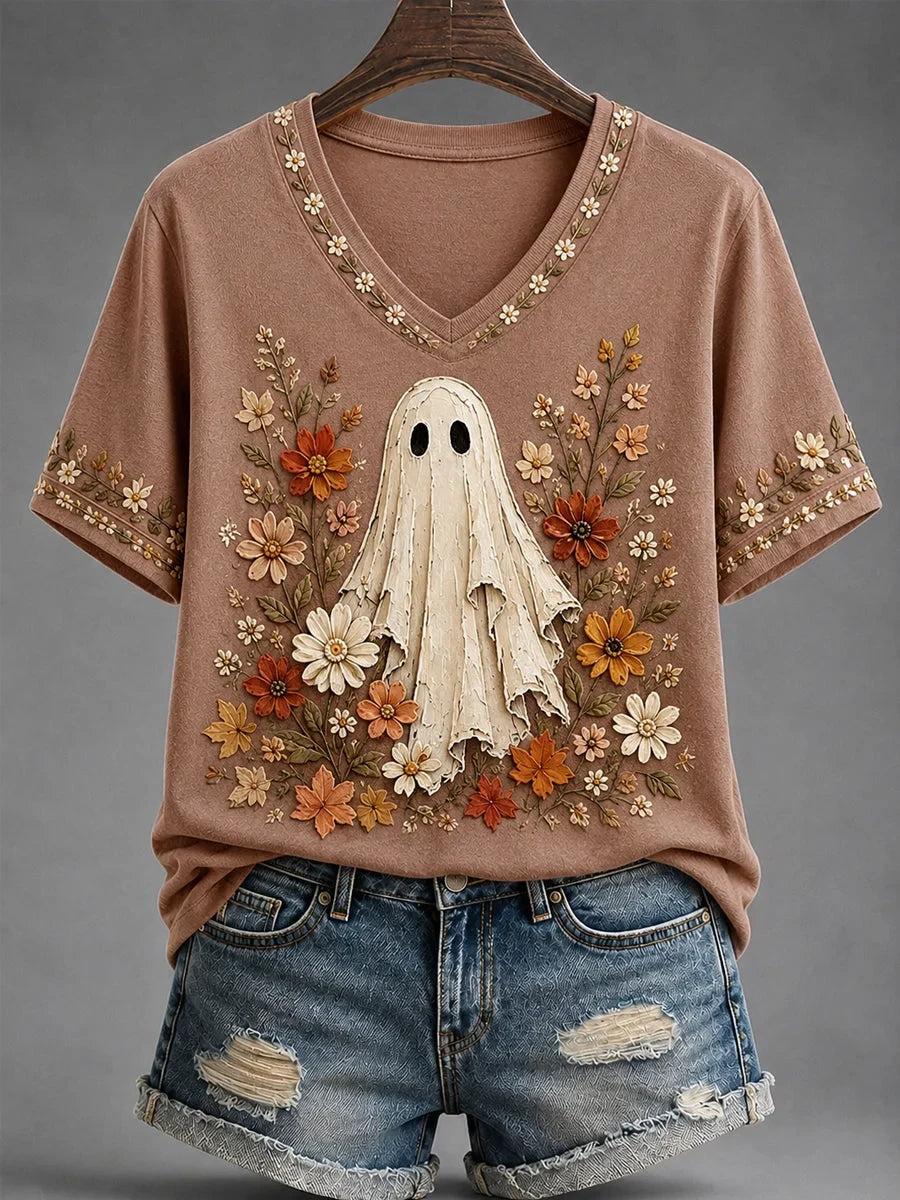 Spooky Season Cute Floral Ghost V-Neck Shirt Halloween Merch Presents For Sister
