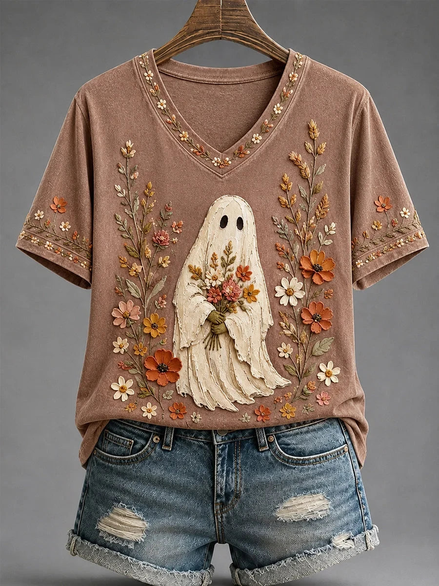Spooky Season Cute Floral Ghost V-Neck Shirt Halloween Clothes Presents For Wife