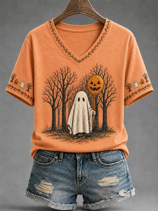 Spooky Season Cute Pumpkin Ghost V-Neck Shirt Halloween Merch Gifts For Ghost Lovers