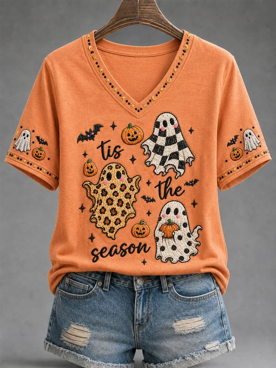 Spooky Season Cute Ghost V-Neck Shirt Halloween Clothes Presents For Girlfriend
