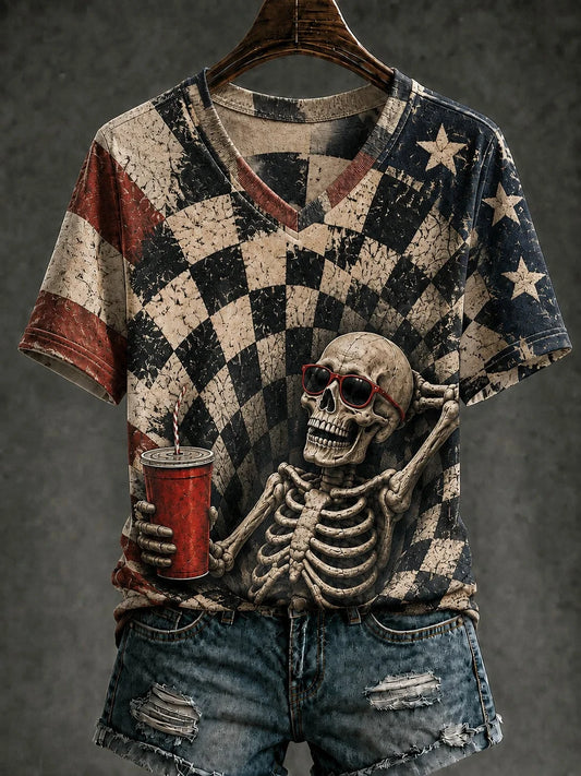 Halloween Skeleton Vintage V-Neck Shirt Halloween Apparel Gifts For Girlfriend