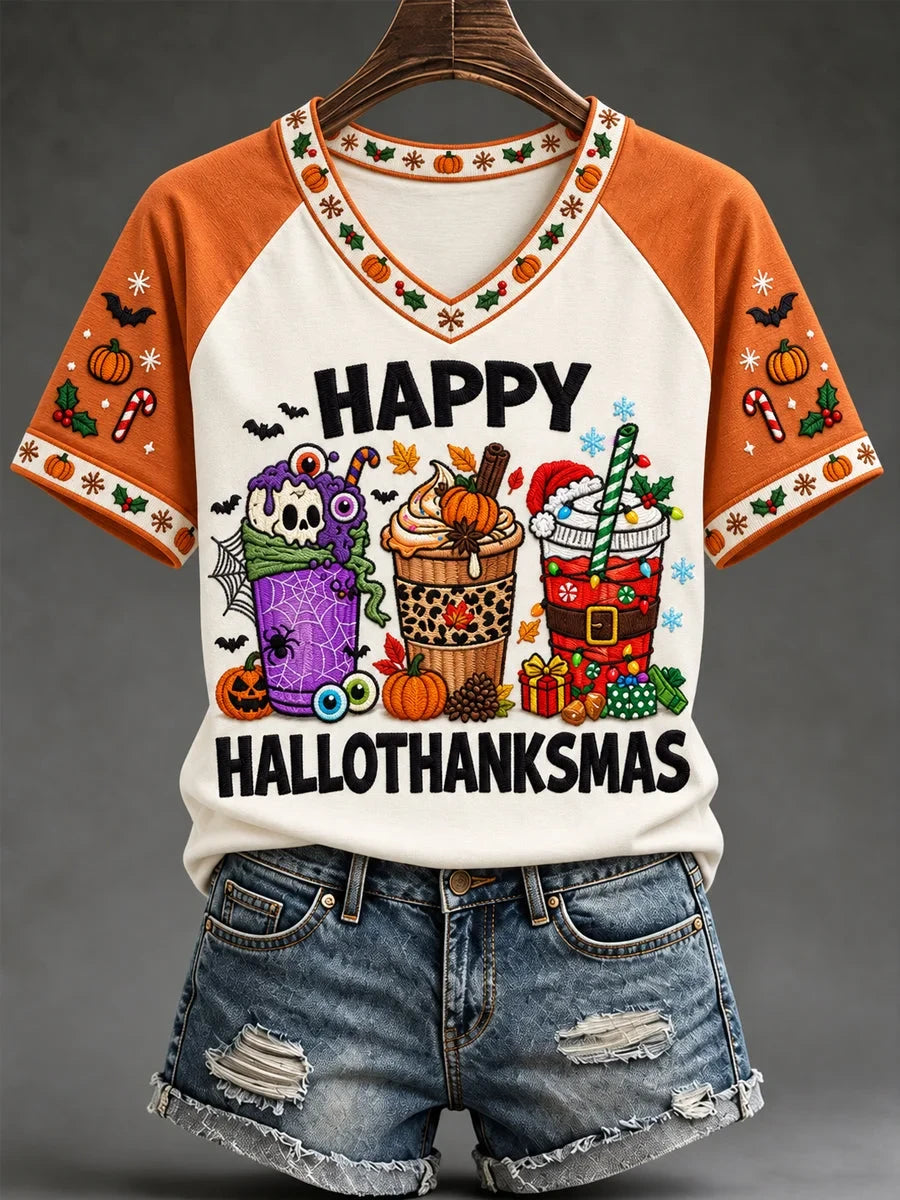 Happy Hallothanksmas Graphic V-Neck Shirt Halloween Clothing Presents For Besties
