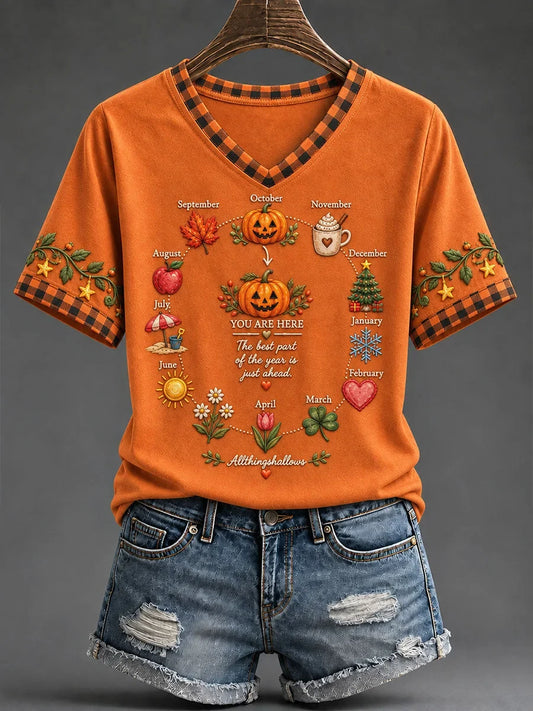 Seasonal & Holiday Pumpkin Graphic V-Neck Shirt Halloween Clothes Cute Gifts For Girlfriend