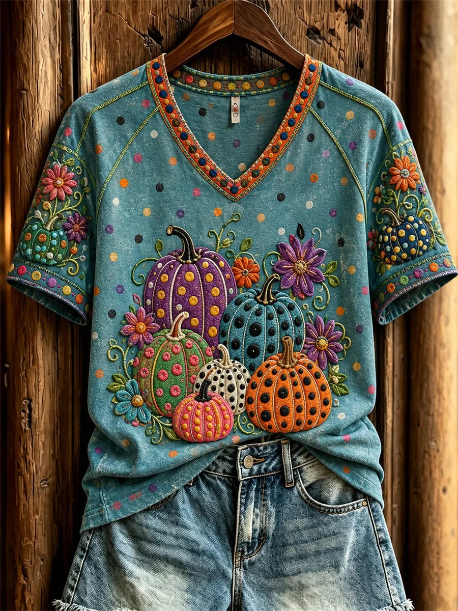 Halloween Pumpkins Floral Polka Dots Art V-Neck Shirt Spooky Halloween Clothing Line