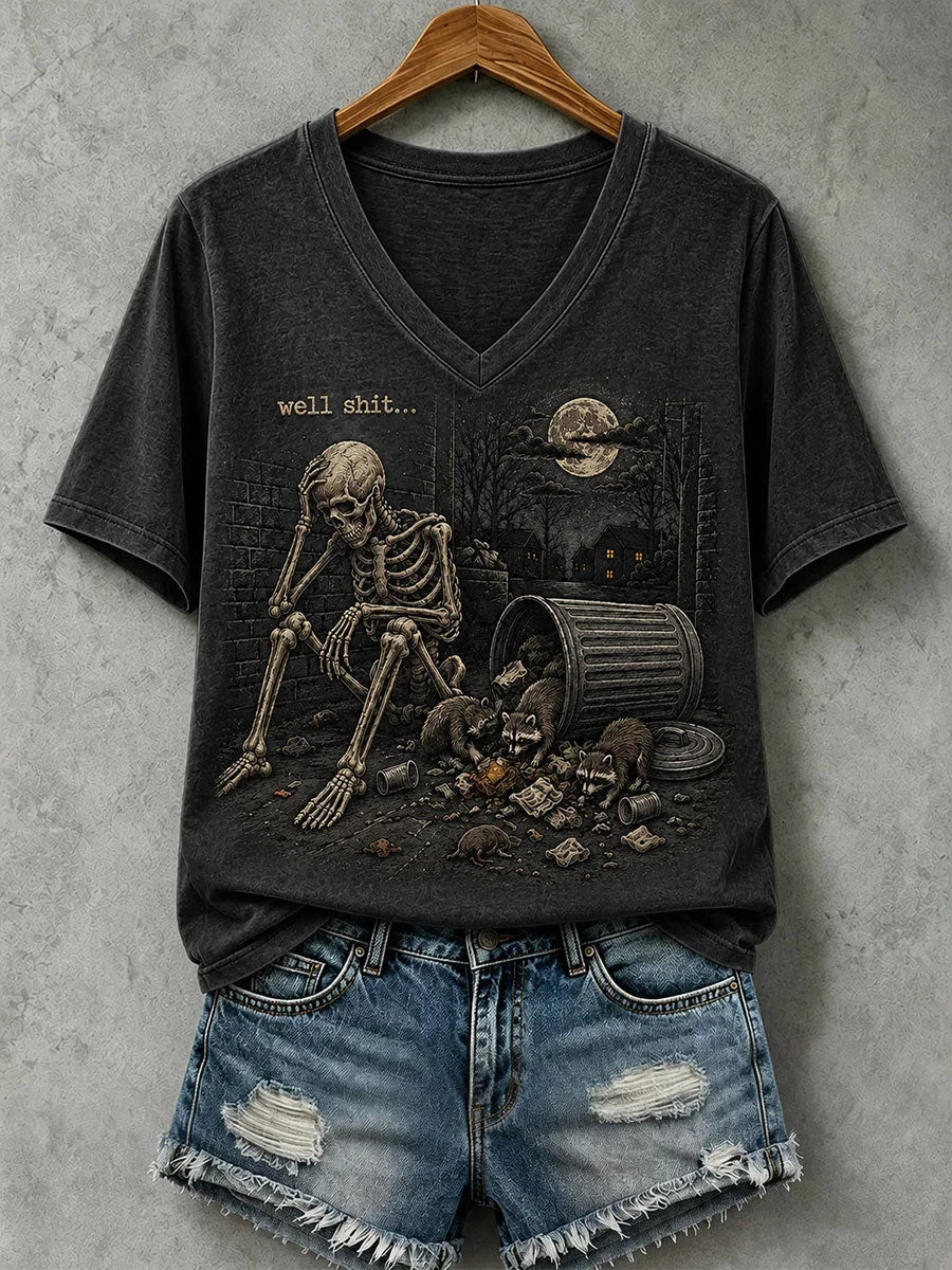 Well Shit Skull Graphic V-Neck Shirt Halloween Merch Presents Ideas For Girlfriend