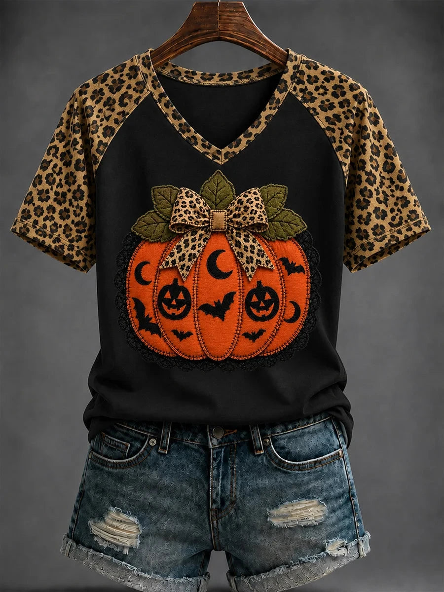 Halloween Pumpkin Leopard Pattern V-Neck Shirt Halloween Apparel Presents Ideas For Wife
