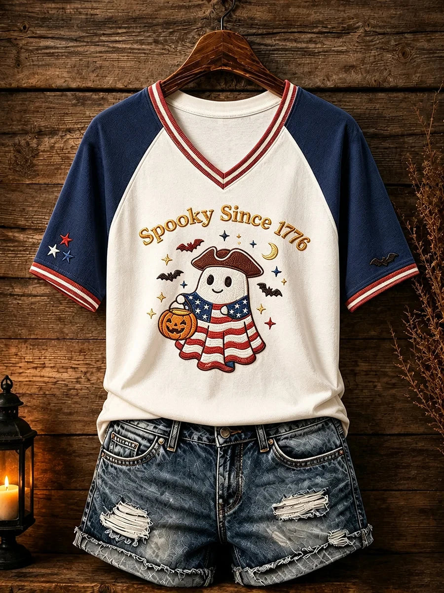 Spooky Ghost Patriotic Design Halloween V-Neck Shirt Halloween Clothes