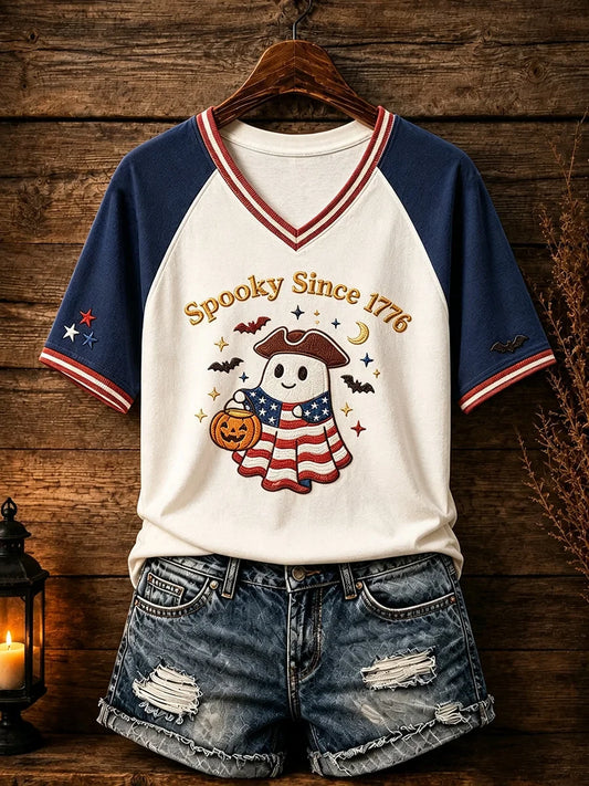 Spooky Ghost Patriotic Design Halloween V-Neck Shirt Halloween Clothes