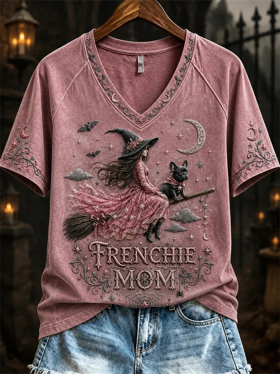 Halloween Pink Witch Frenchie Mom Vintage V-Neck Shirt Halloween Apparel Gifts For Mom