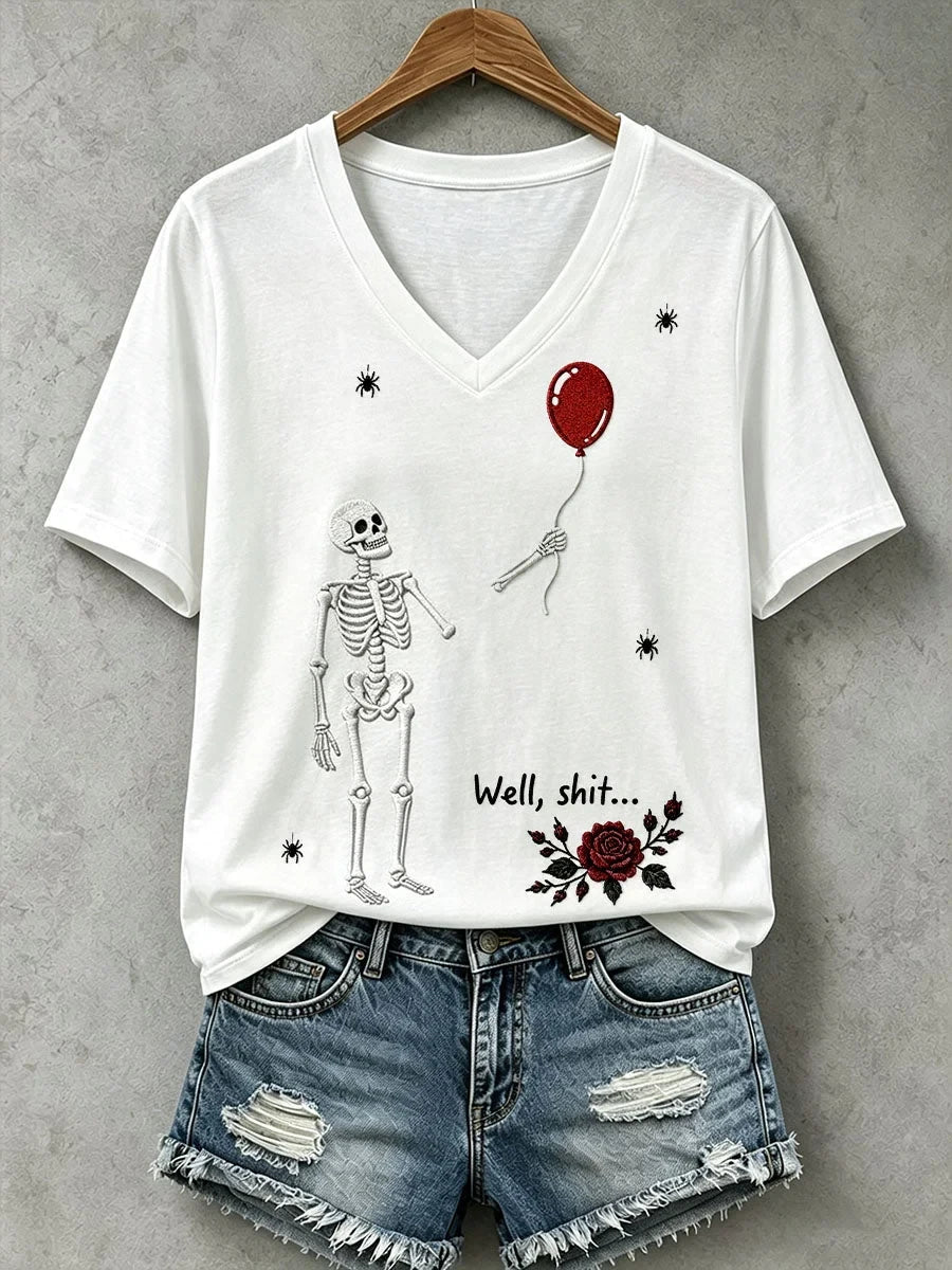 Gothic Skull Well S Balloon V-Neck Shirt Halloween Clothing Holiday Gifts For Wife