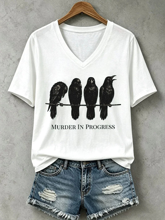 Murder In Progress Crow Halloween V-Neck Shirt Spooky Halloween Clothing Gifts For Wife