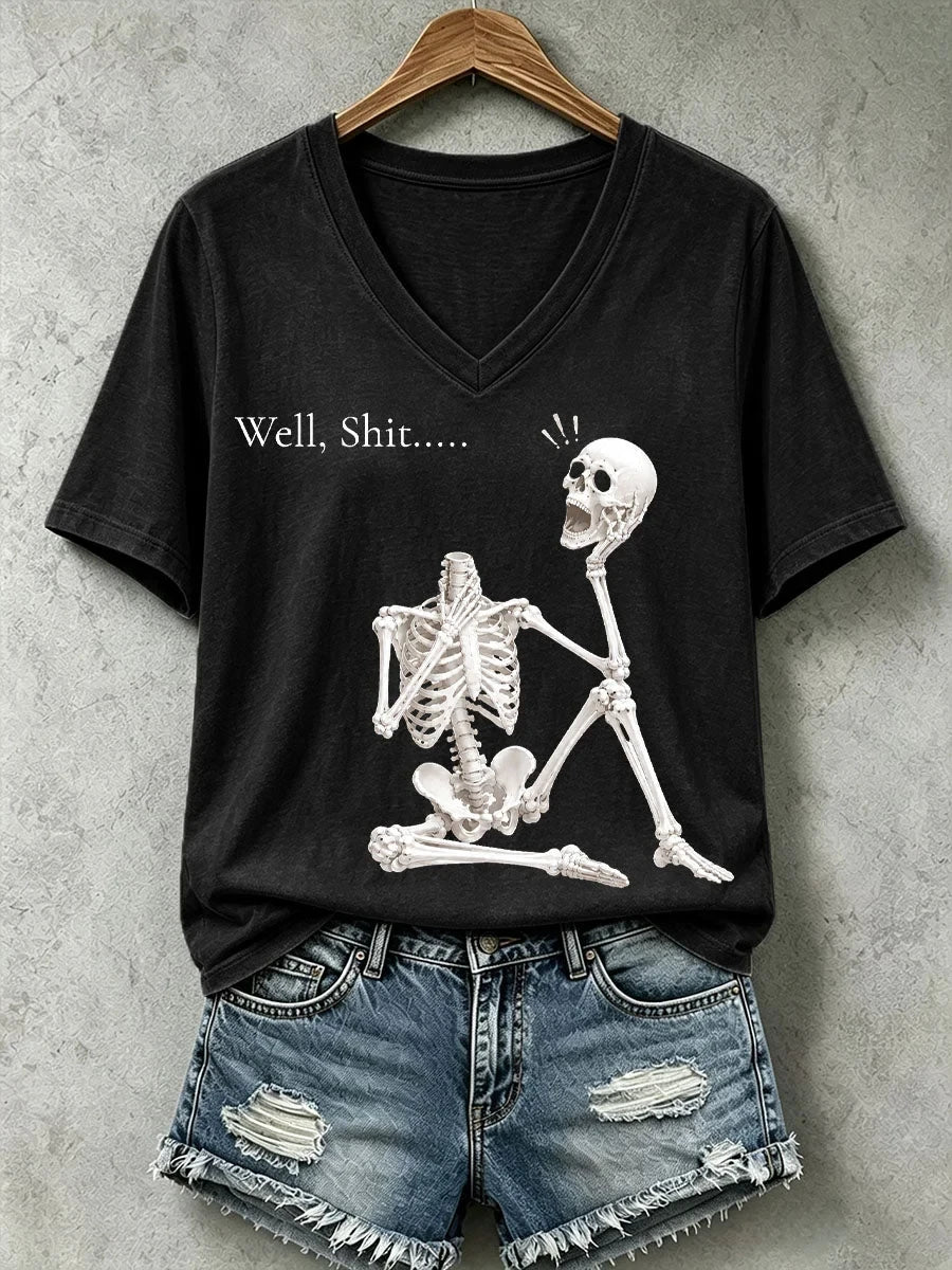 Well Shit Skull Graphic V-Neck Shirt Halloween Clothes Unique Gifts For Girlfriend