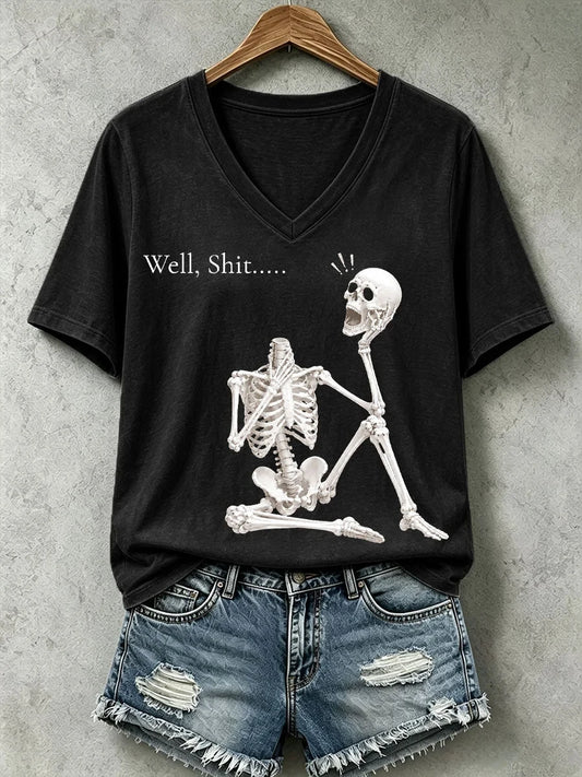 Well Shit Skull Graphic V-Neck Shirt Halloween Clothes Unique Gifts For Girlfriend