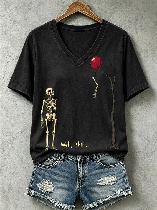 Well Shit Skull Graphic V-Neck Shirt Halloween Apparel Unique Gifts For Girlfriend