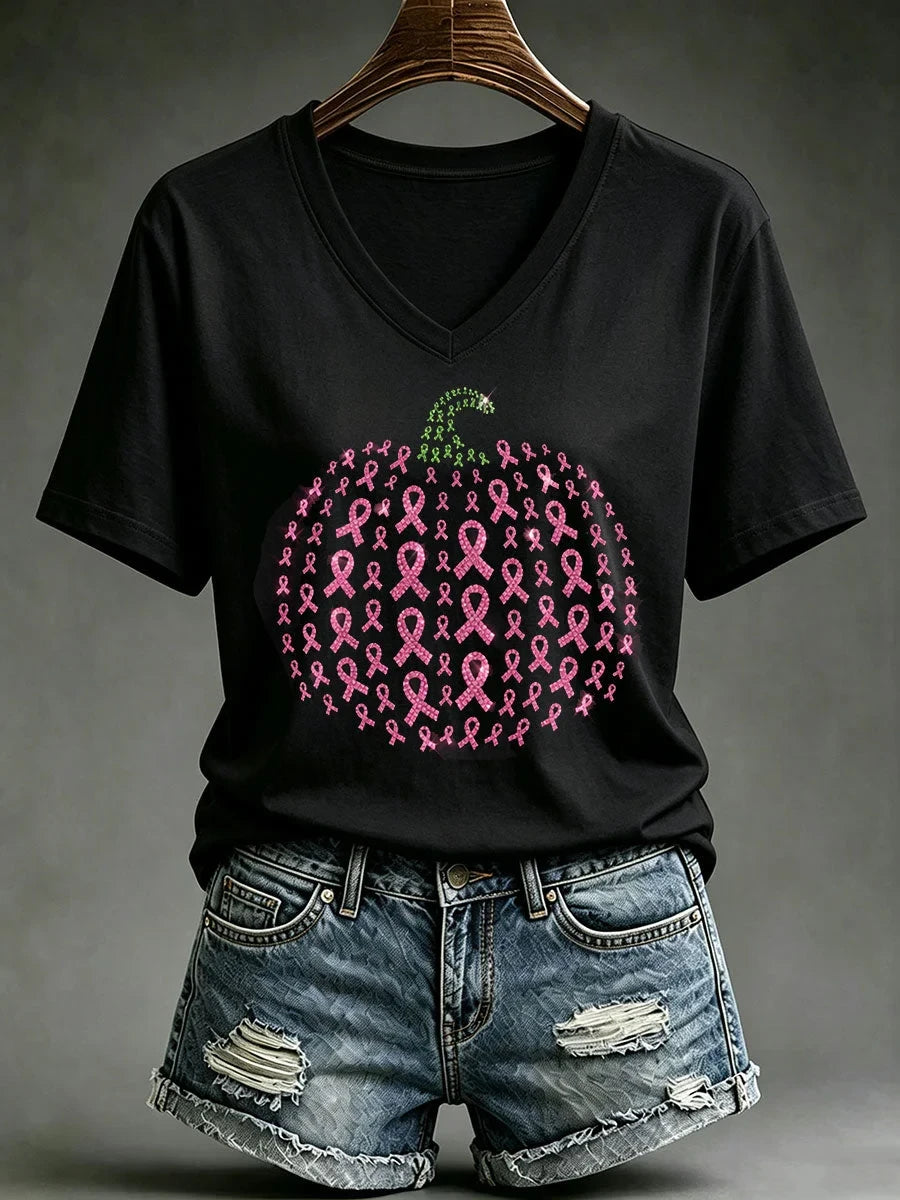 Breast Cancer Awareness Halloween Pumpkin V-Neck Shirt Halloween Merch