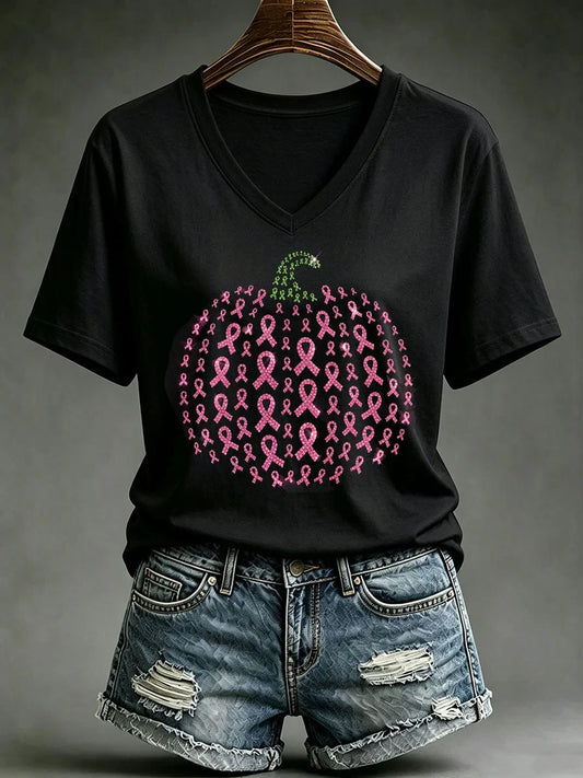 Breast Cancer Awareness Halloween Pumpkin V-Neck Shirt Halloween Merch