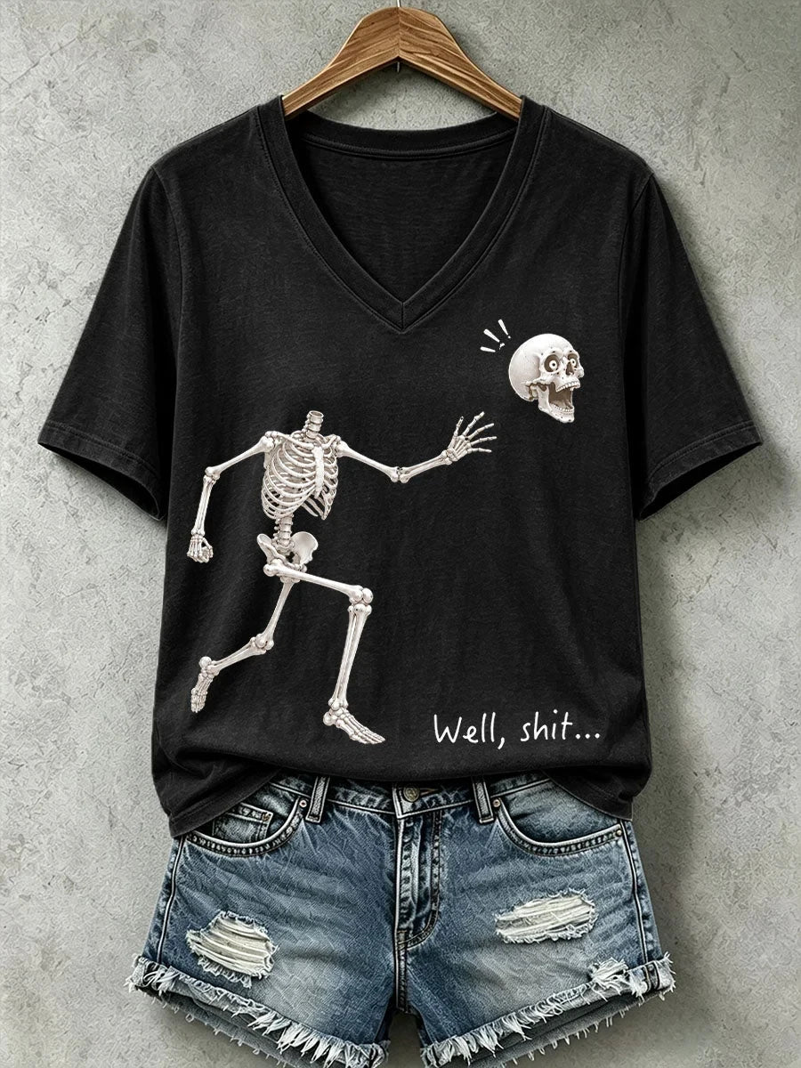 Well Shit Skull Halloween V-Neck Shirt Spooky Season Clothing Presents For Girlfriend