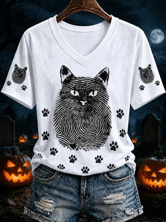 Black Cat Fingerprint Spiral V-Neck Shirt Halloween Theme Art Tee Gifts For Cat Lovers