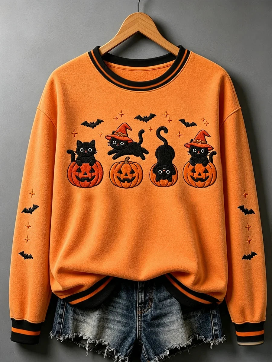 Halloween Black Cat Pumpkin Sweatshirt Halloween Themed Clothing Gifts For Her