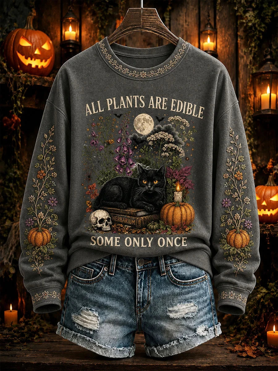 All Plants Are Edible Some Only Once Halloween Floral Sweatshirt Halloween Apparel Gifts For Cat Mom