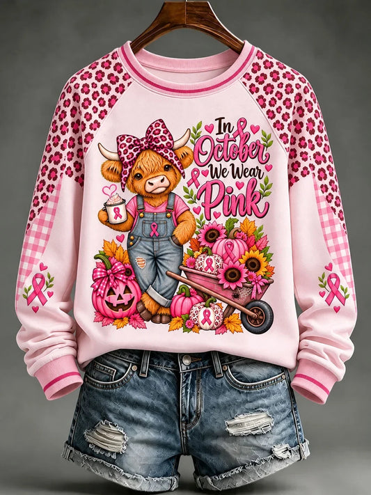 In October We Wear Pink Highland Cow Sweatshirt Halloween Clothing Gifts For Mom