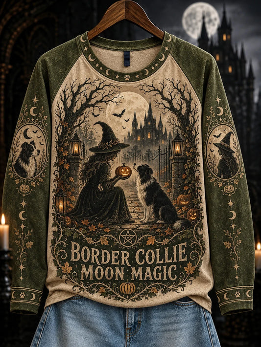 Halloween Witch And Dog Pattern Leisure Long Sleeve Shirt Halloween Clothing Line