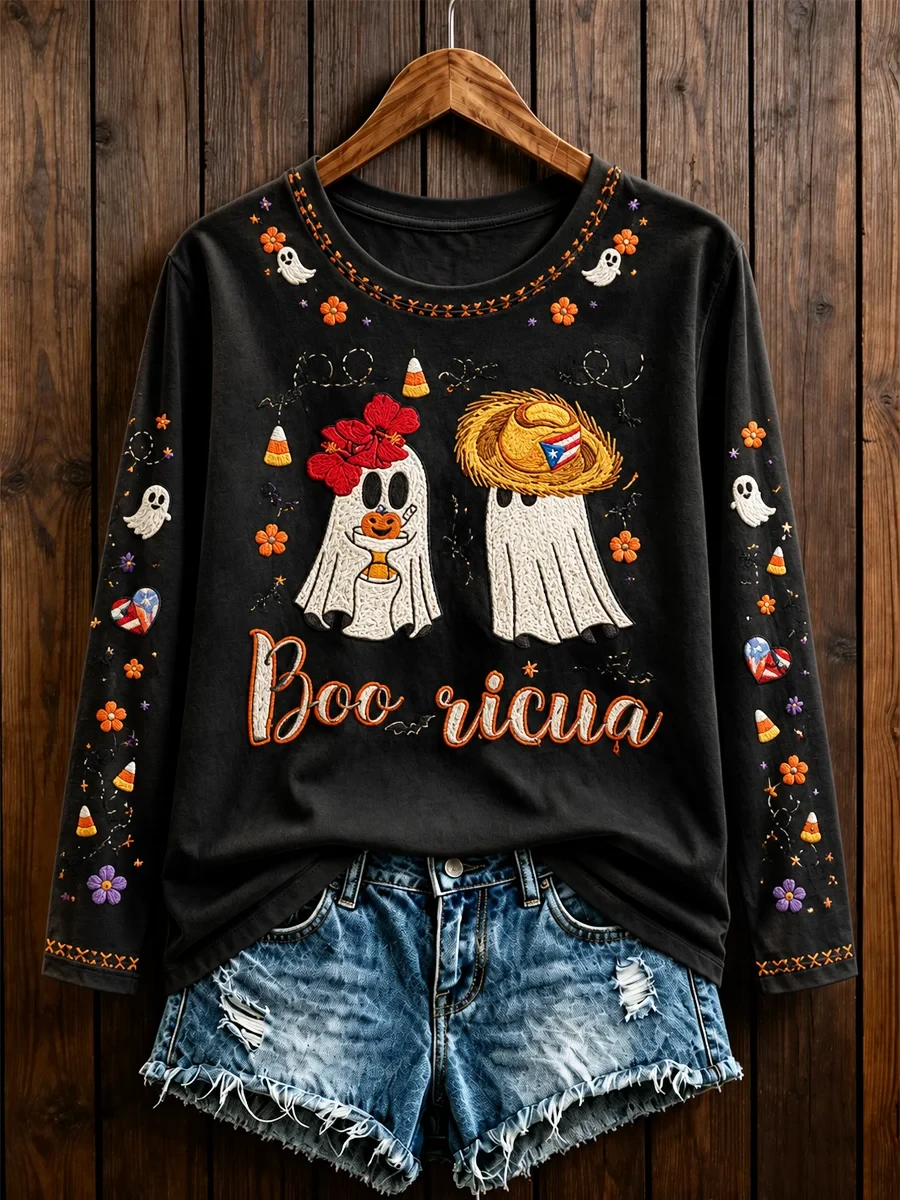 Puerto Rico Booricua Ghosts Graphic Long Sleeve Shirt Halloween Clothing Gifts For Mom