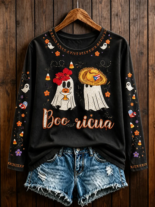 Puerto Rico Booricua Ghosts Graphic Long Sleeve Shirt Halloween Clothing Gifts For Mom