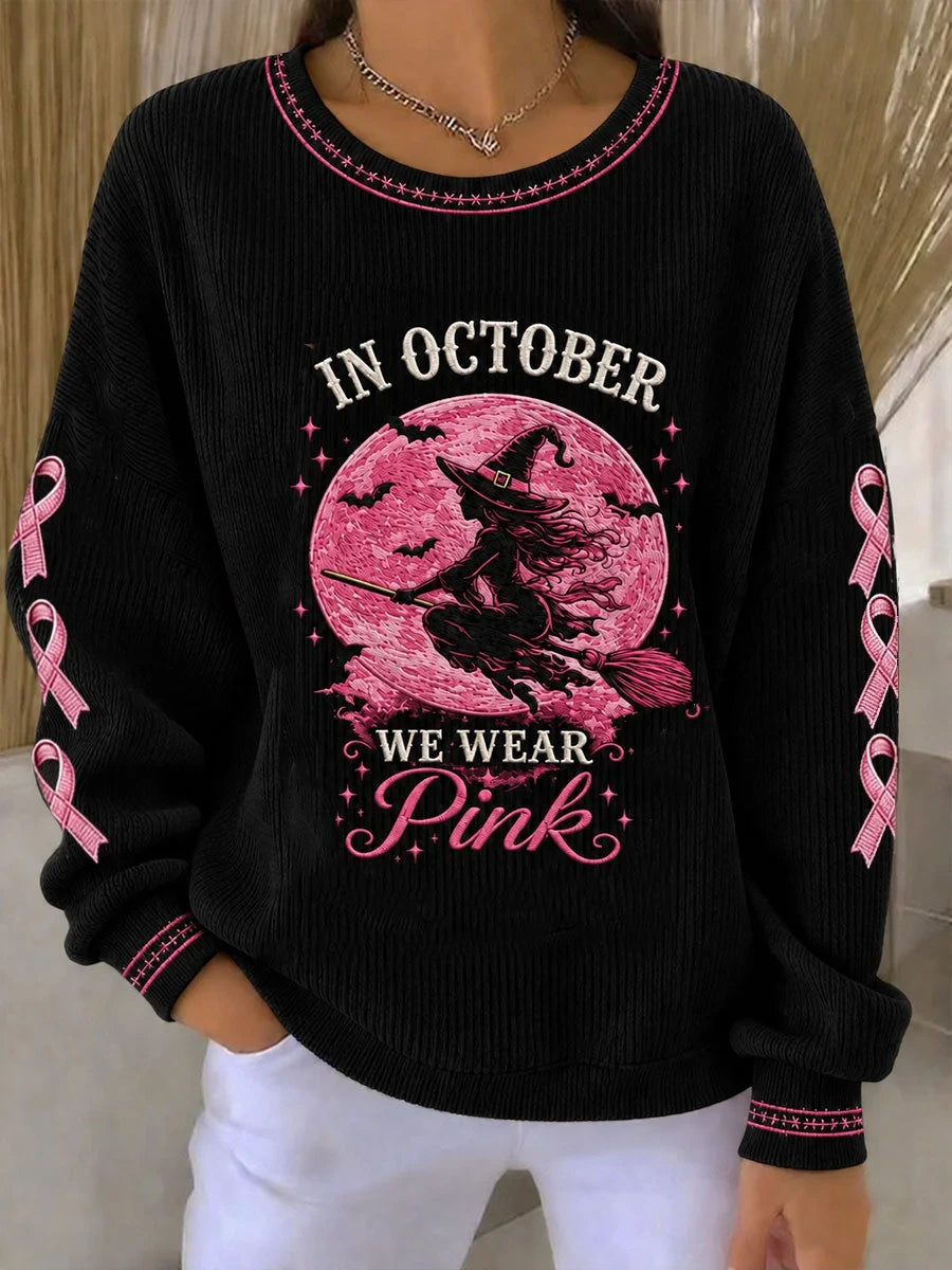 In October We Wear Pink Halloween Witch Sweatshirt Halloween Apparel Gifts Idea For Sister