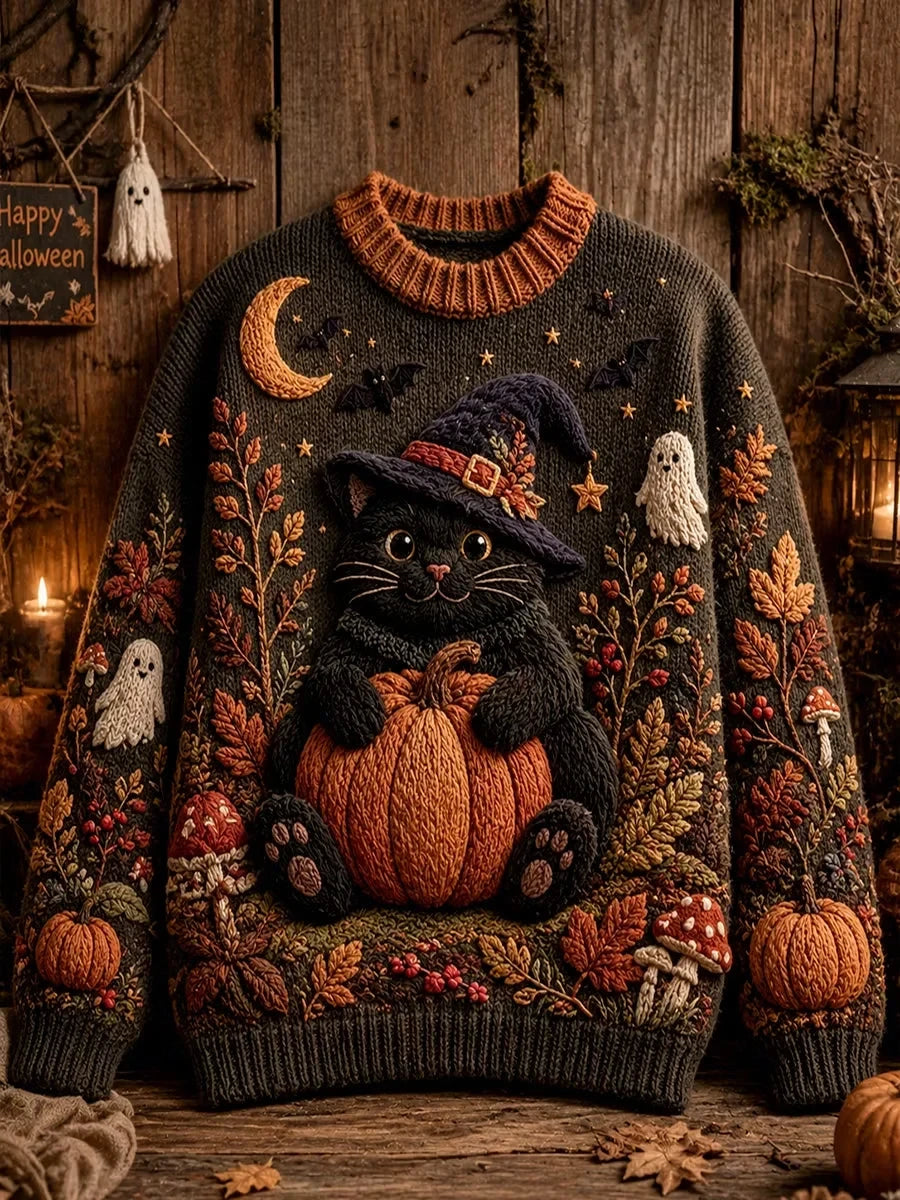 Halloween Black Cat Pumpkin Ghost Ugly Halloween Sweater Holiday Clothing Gifts For Cat Lovers