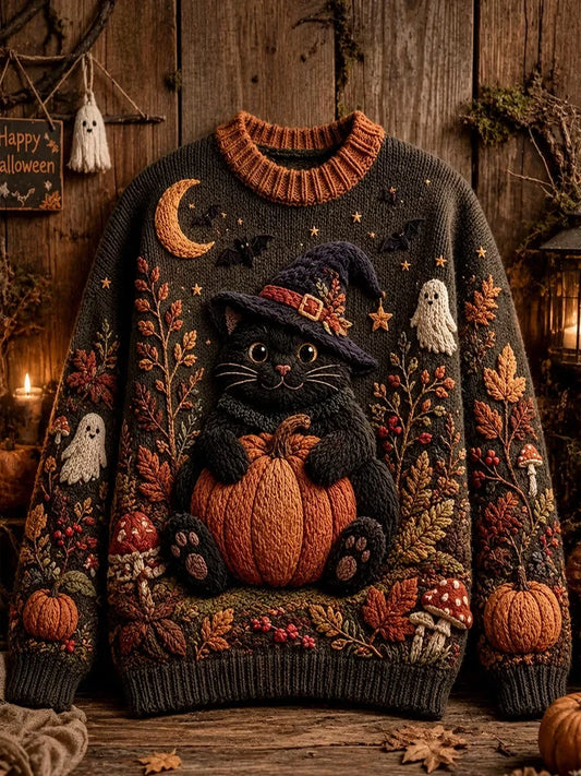Halloween Black Cat Pumpkin Ghost Ugly Halloween Sweater Holiday Clothing Gifts For Cat Lovers