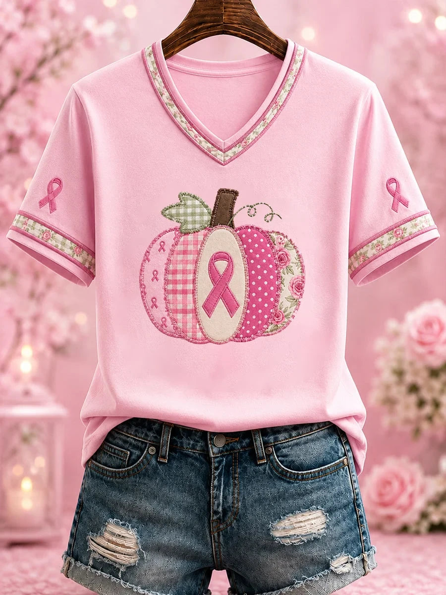 Breast Cancer Pumokin Halloween V-Neck Shirt Spooky Season Apparel Presents For Her