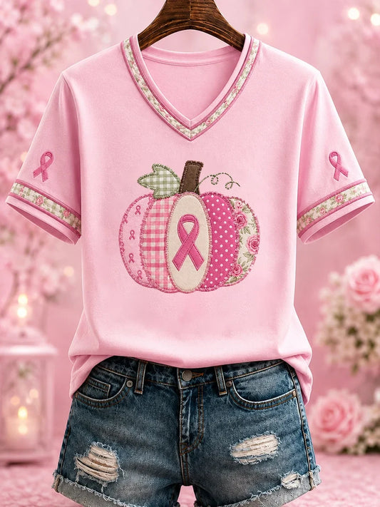 Breast Cancer Pumokin Halloween V-Neck Shirt Spooky Season Apparel Presents For Her