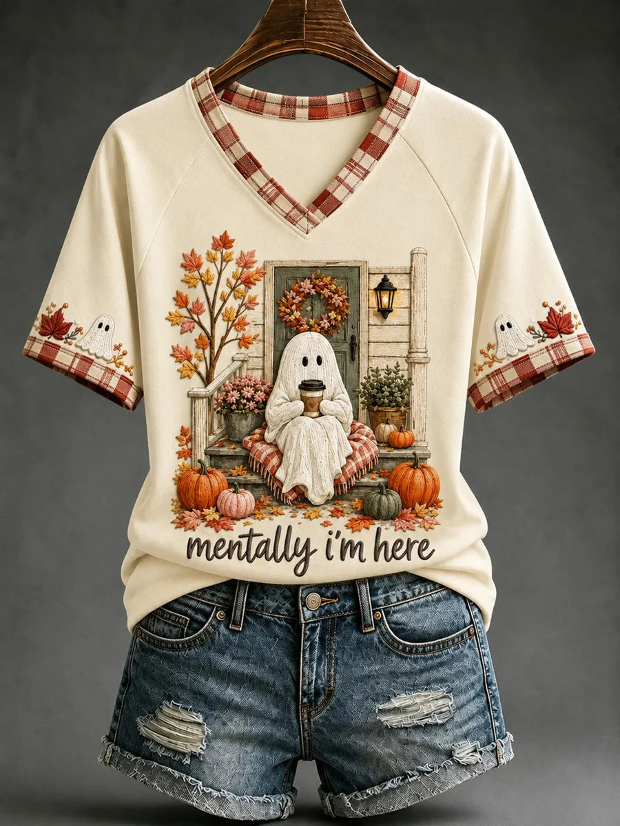 Cozy Ghost Fall Mentally I_m Here V-Neck Shirt Gifts Idea For Halloween Lovers