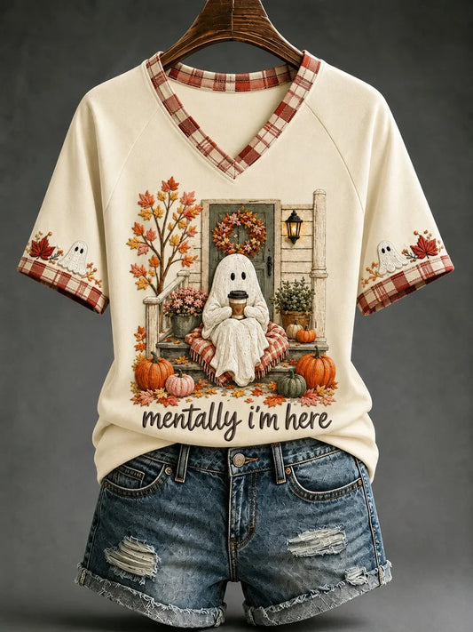 Cozy Ghost Fall Mentally I_m Here V-Neck Shirt Gifts Idea For Halloween Lovers